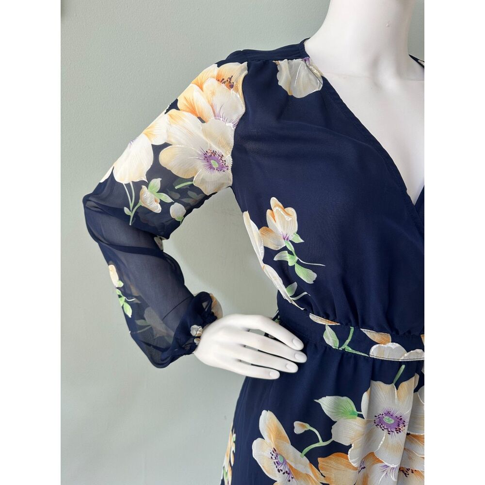 Dress Forum Floral Wrap Maxi Dress Navy Blue Sheer Long Sleeve Chiffon size S - Picture 6 of 9